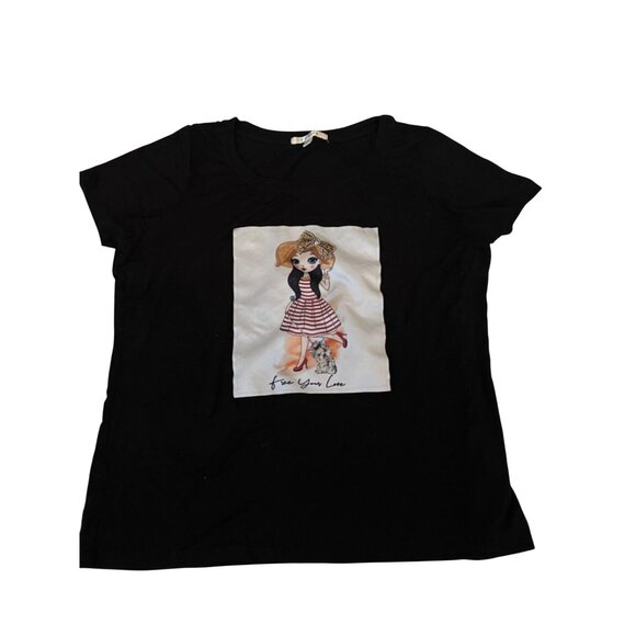 Cyrus Tops - Cyrus Black Short Sleeve Graphic Tee Cartoon Girl & Dog Print Women's Size L Top